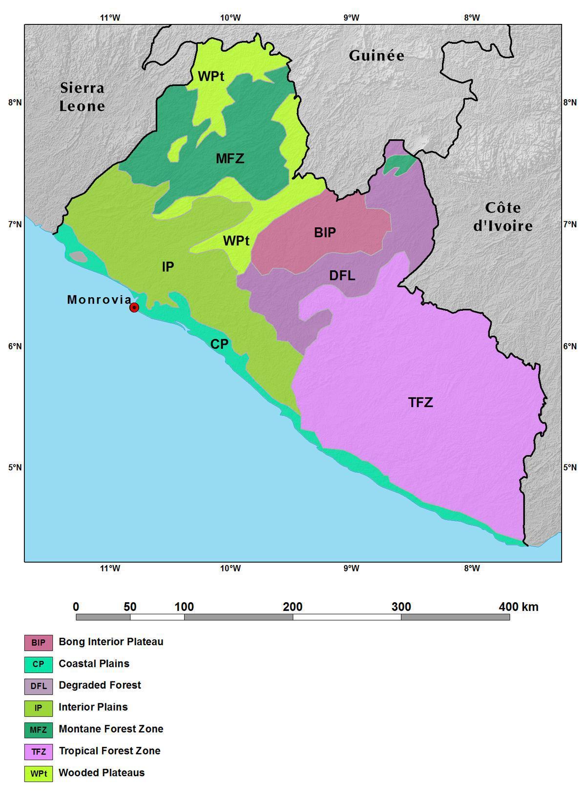 mapa ng Liberia bundok