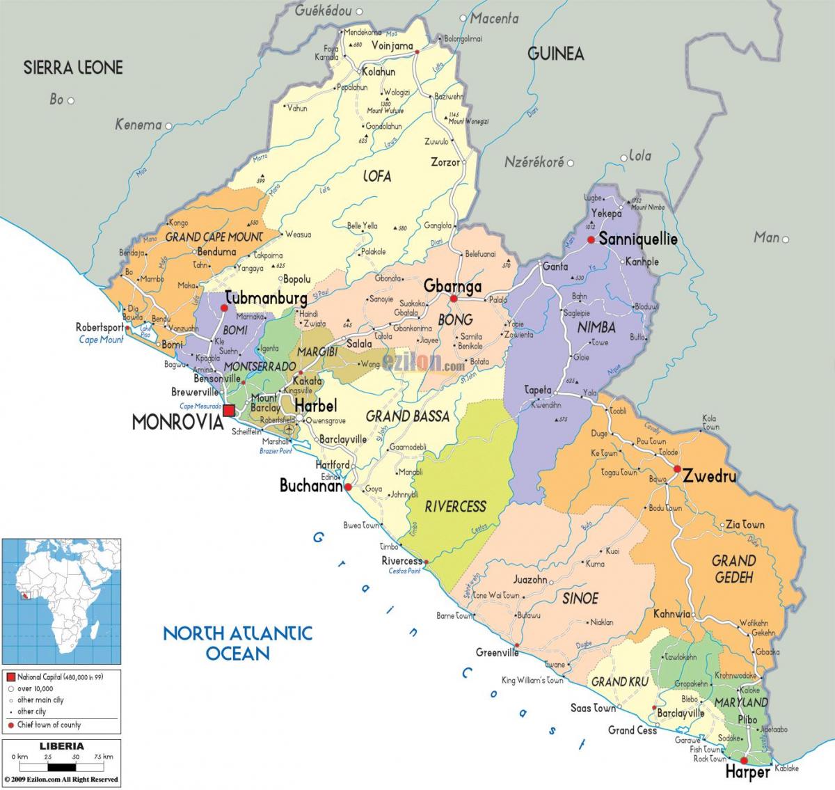 ang pampulitikang mapa ng Liberia