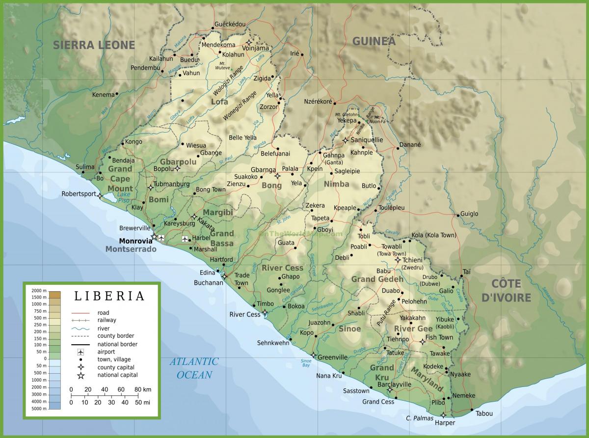 gumuhit ang pisikal na mapa ng Liberia